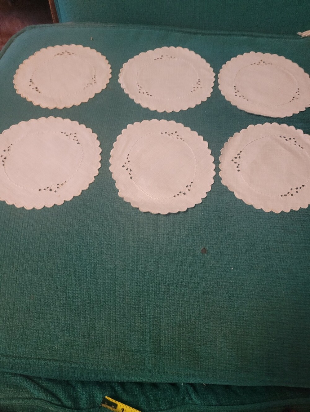 Set of Six White Scalloped Linen Coasters